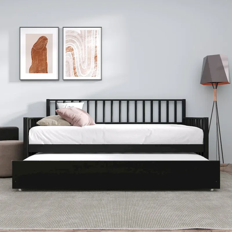 Vintage Wood Twin Daybed with Trundle – Light Oak / Black / Walnut / White / Antique Grey, Sleeps 2