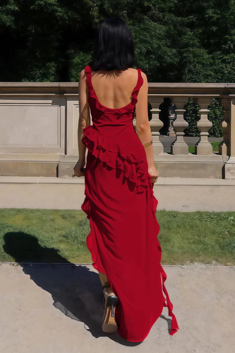 Red Square Neck Sheath Satin Ruffled Prom Dresses With Slit