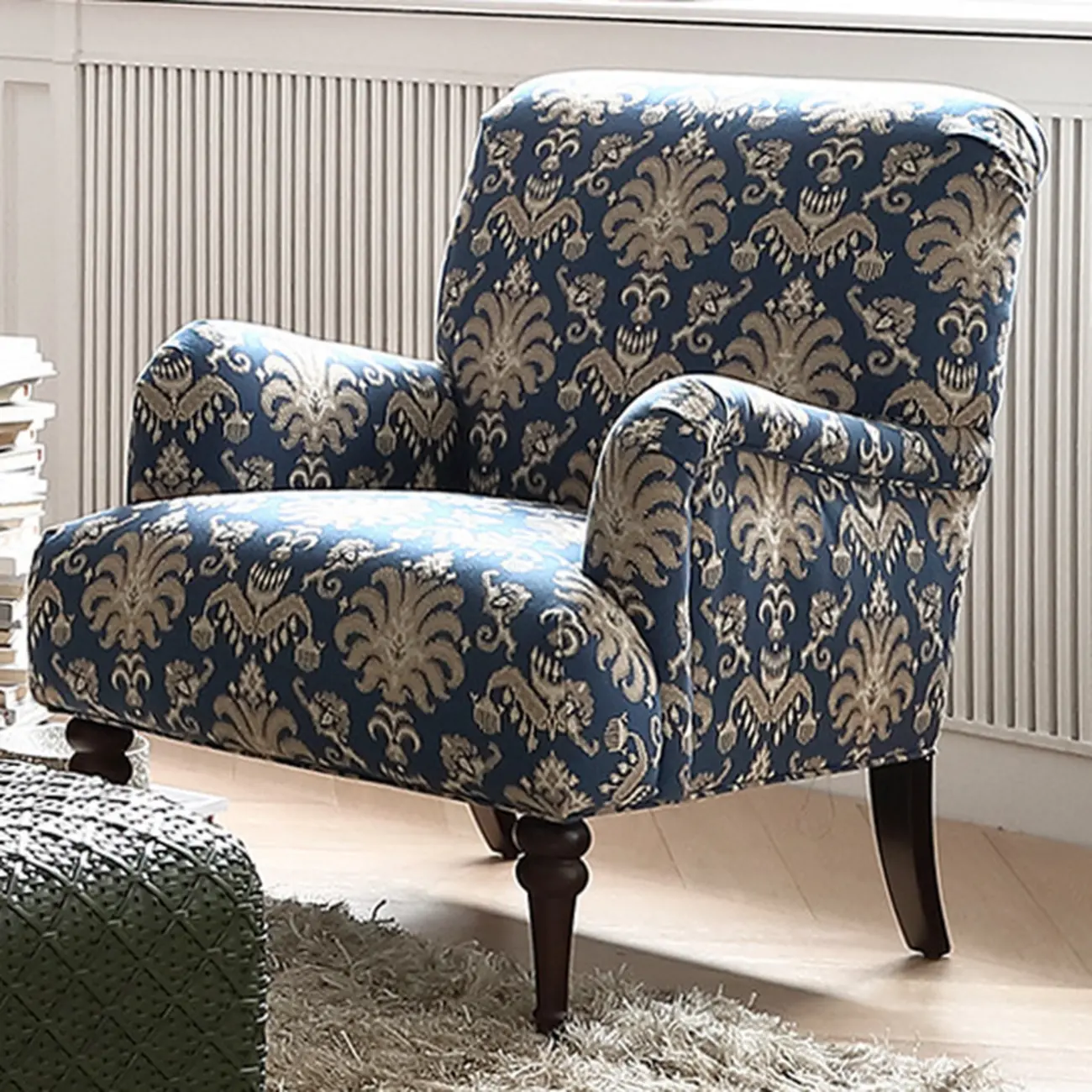Striped Fabric Barrel Chair in Cerulean with Armrests