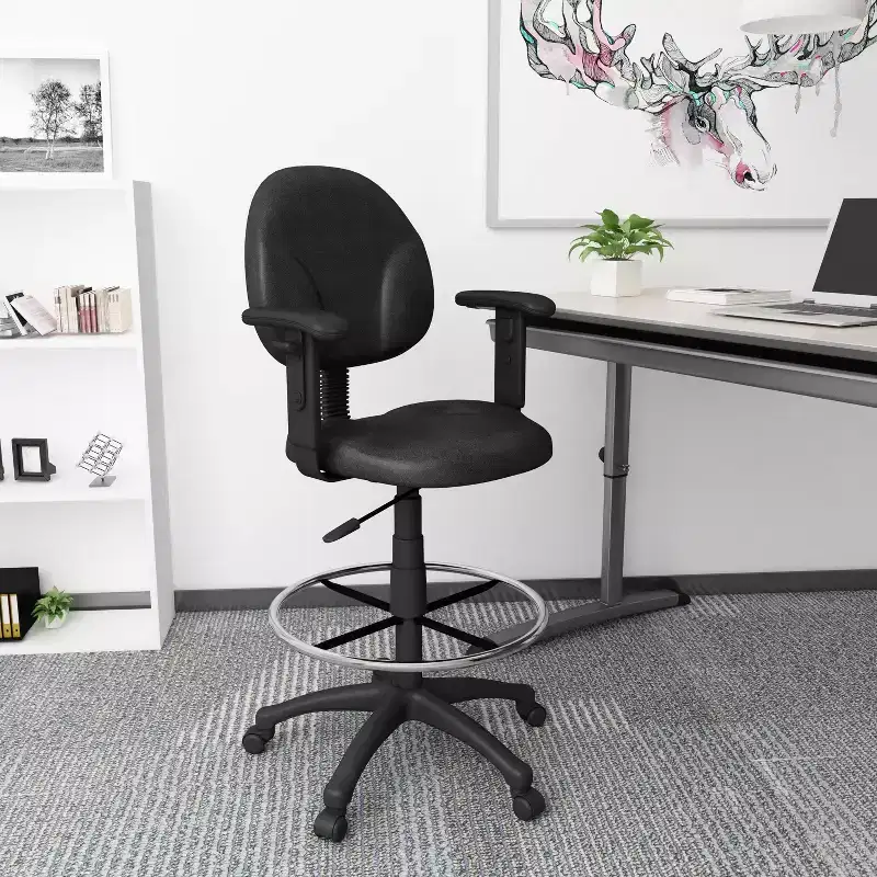 Drafting Stools with Adjustable Arms Black - Boss Office Products: Pneumatic Lift, 275lb Capacity, Nylon Base