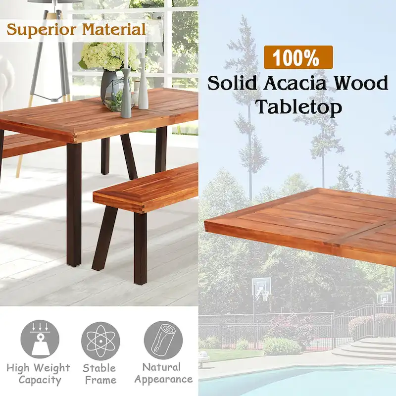 Costway 3 Pieces Picnic Table Set Acacia Wood Table Bench with Steel