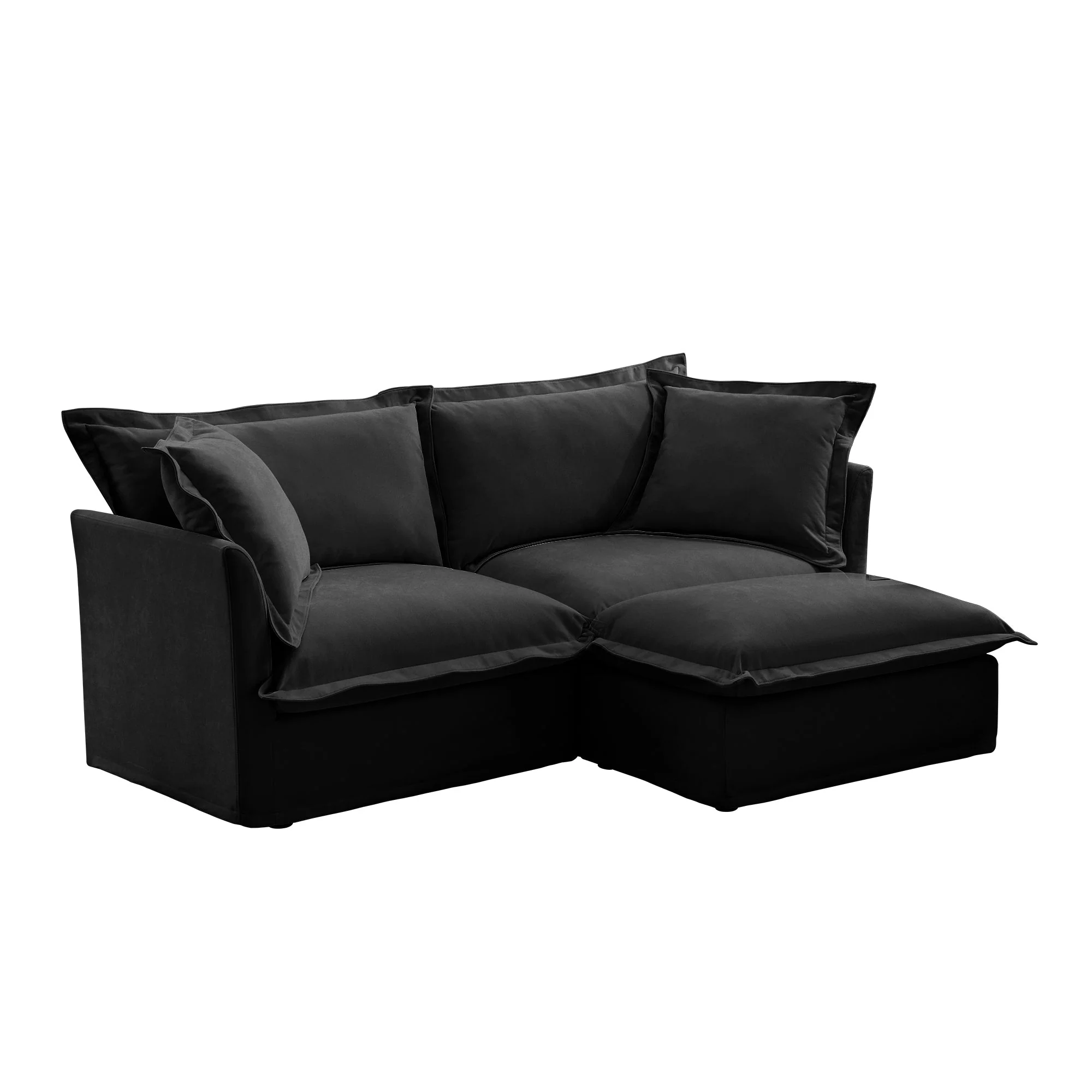 Walker Edison | Wide Deep Seat Slipcovered Black Loveseat Sofa with Ottoman