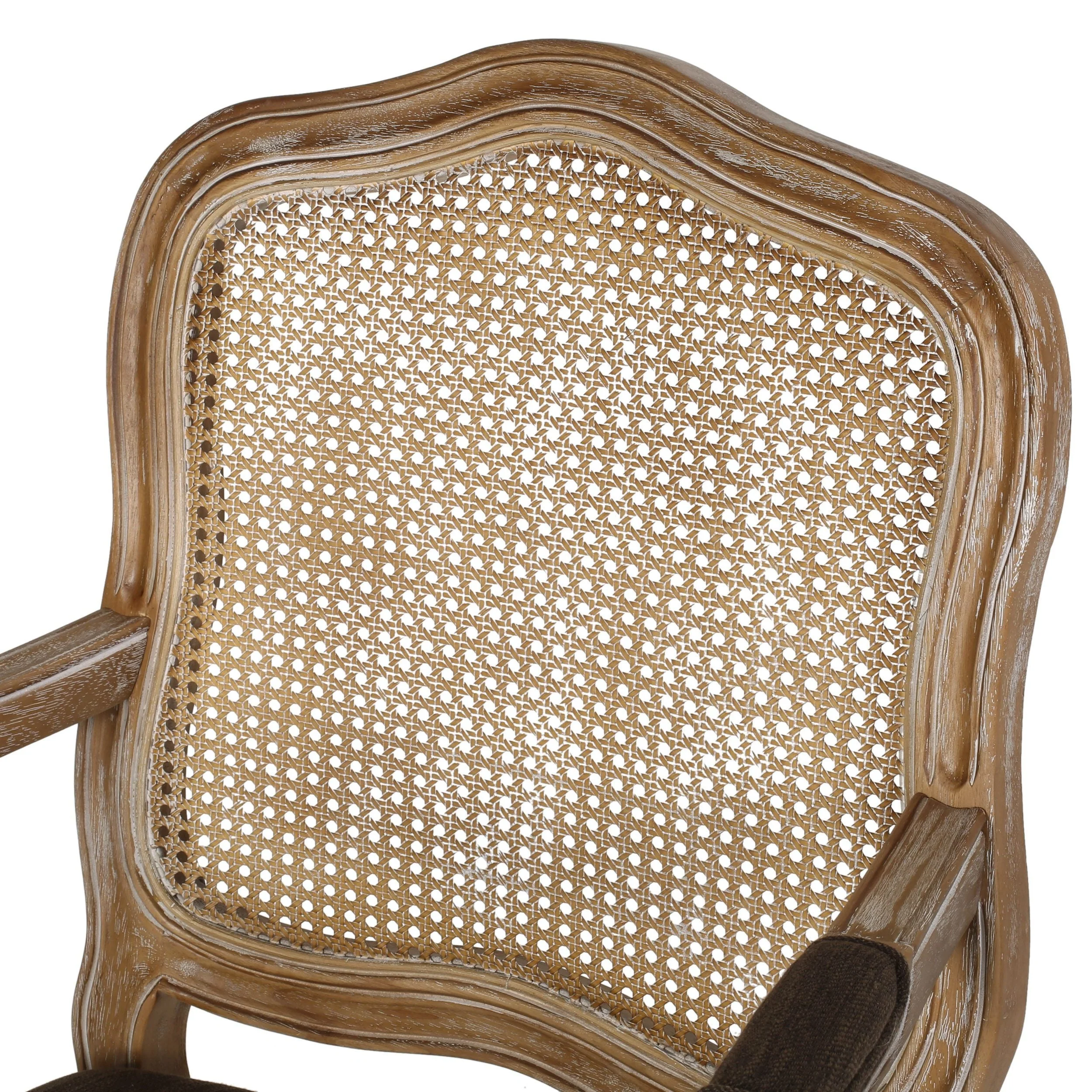French Country Wood and Cane Upholstered Dining Armchair - NH542513