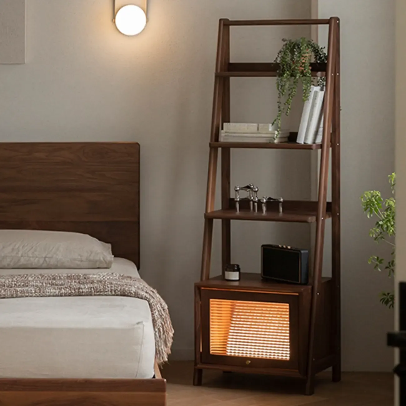 Narrow Brown Wood Ladder Bookcase with Storage