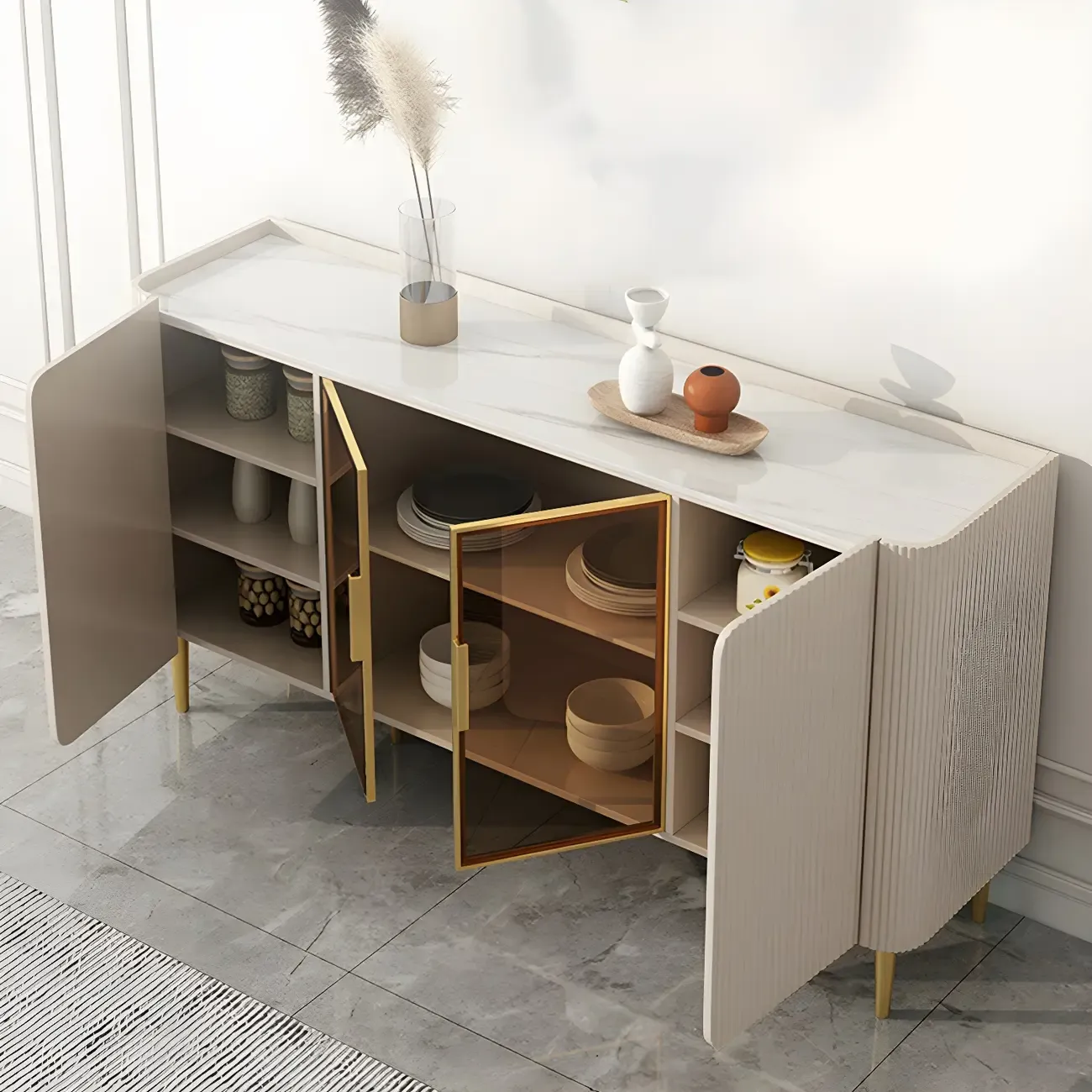Glam Off-White Stone Countertop Sideboard with Shelves