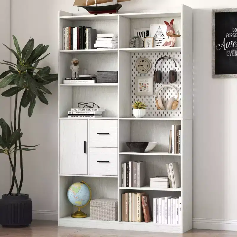 MAYEERTY Bookcase with Pegboard and Drawer 9 Cubby Display Book Shelves for Living Room White