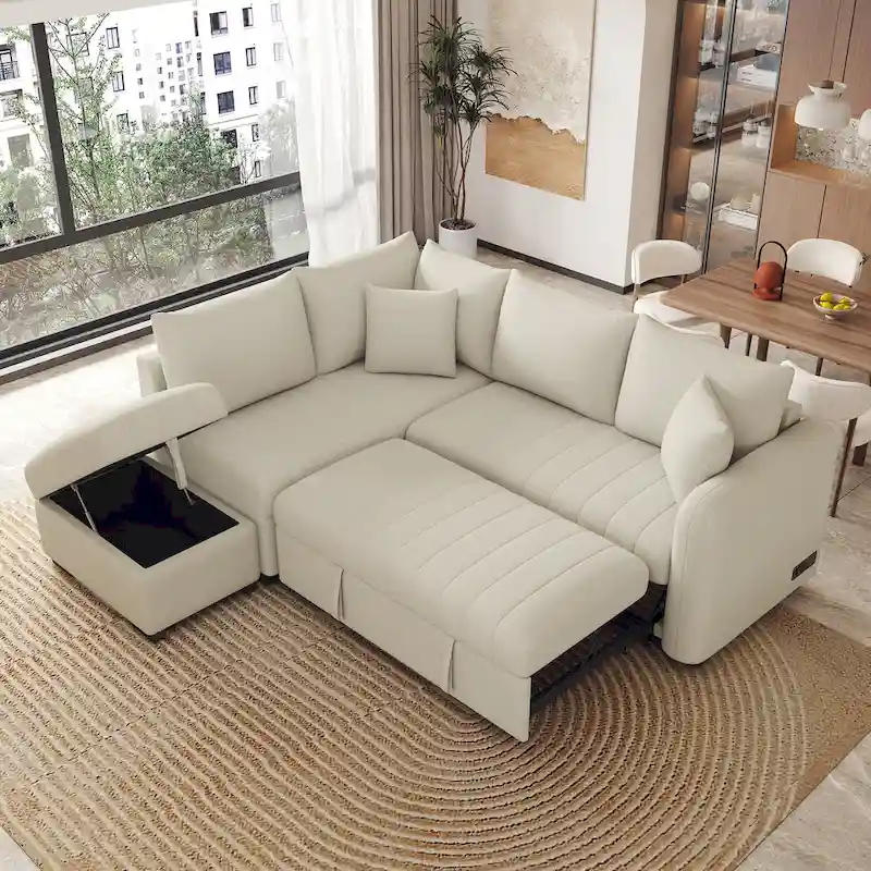 Beige / Grey L-Shaped Sectional Sofa Bed for 3–4, with USB Ports & Storage Ottoman