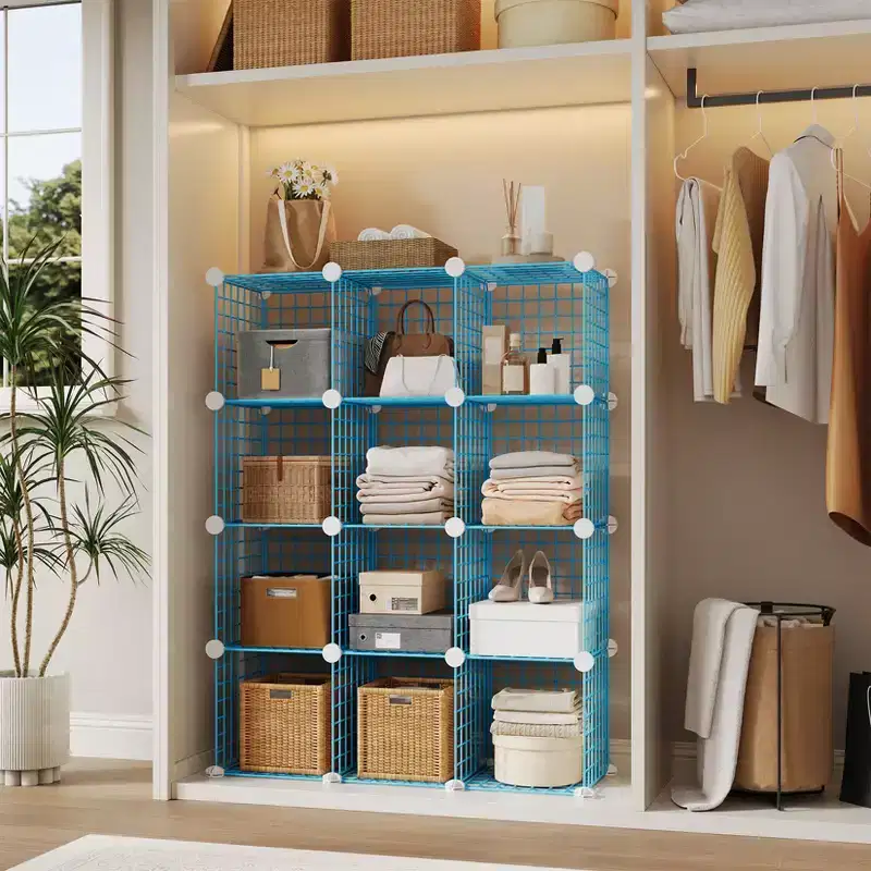 Wire Cube Storage 12-Cube Modular Closet Organizer Shelf Unit for Bedroom Office, Blue