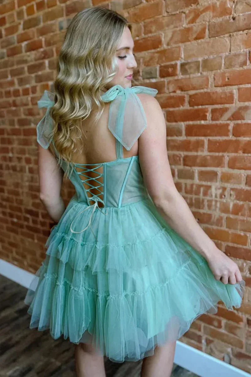 Sage - A Line Sweetheart Tiered Tulle Short Homecoming Dresses With Bow Straps