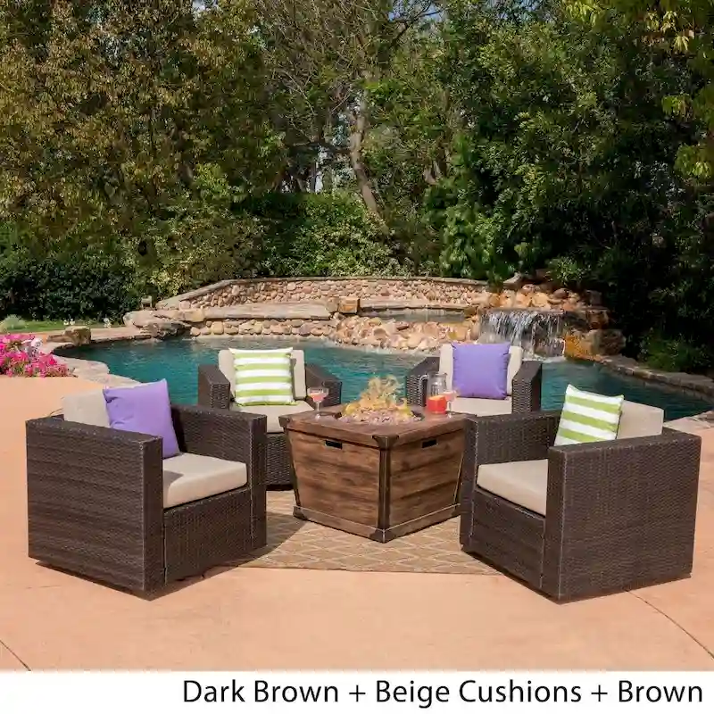 Maaroaro Outdoor 5 Piece Wicker Swivel Club Chair and Fire Pit Set by Christopher Knight Home