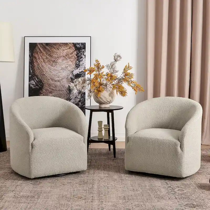 KINWELL 32W Boucle Upholstered Swivel Barrel Armchair (Set of 2)