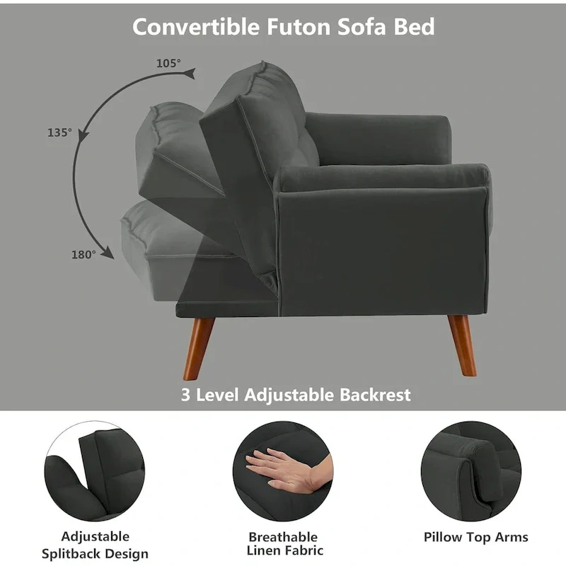 75.39 IN. Futon Sofa Bed, Convertible Upholstered Couch Sleeper with Reclining Sleeper Split Tufted Back