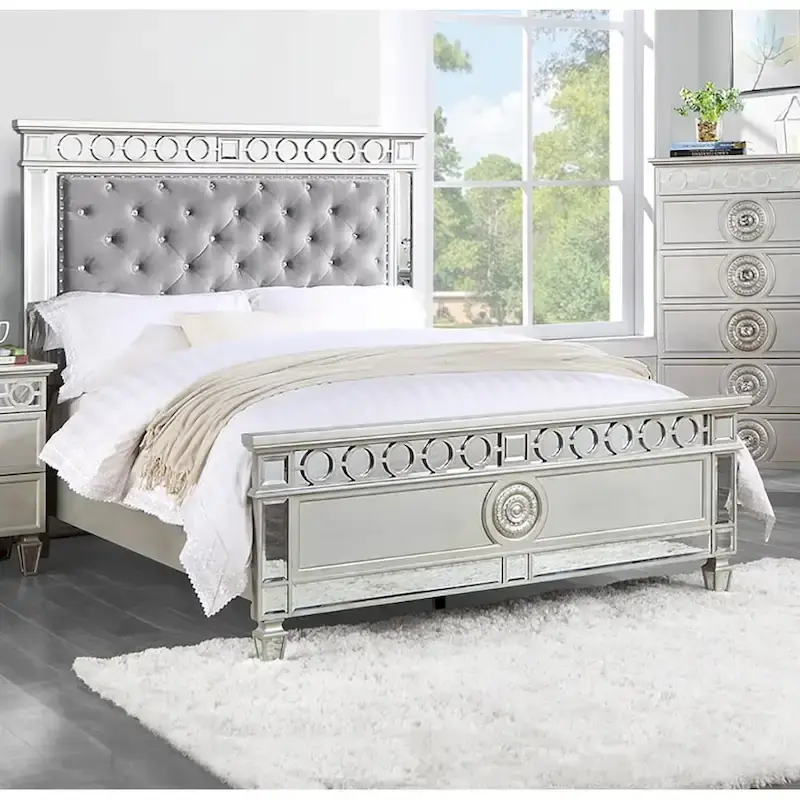 Gray Velvet Full Bed in Silver and Mirrored Finish