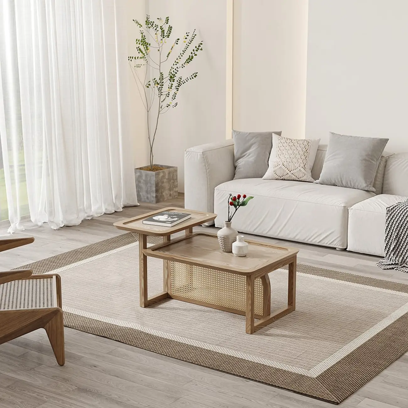 Rectangle Wooden Rattan Coffee Table Set in Natural Finish