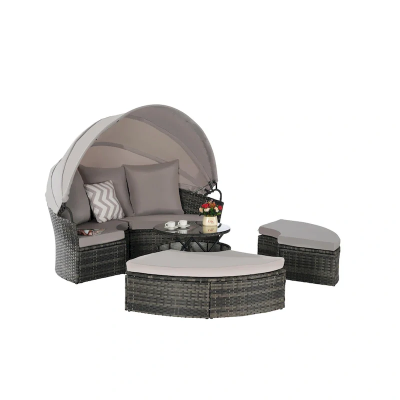 5-Piece Round Daybed Sunbed with Canopy & Removable Cushions