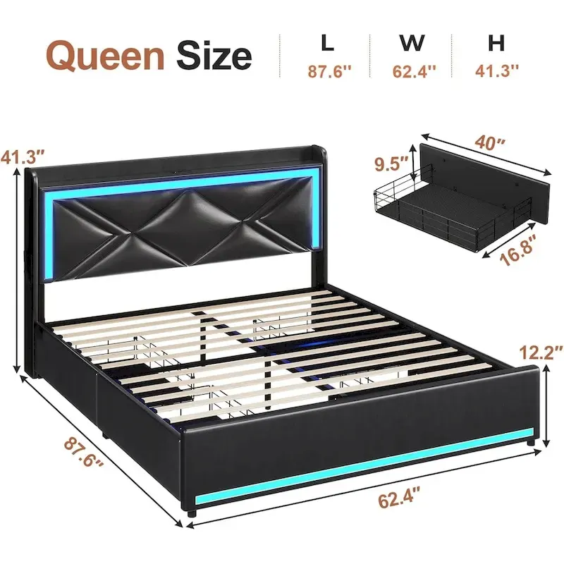 Bed Frame LED Lights Headboard & USB-C/A Charging Station 4 Drawers