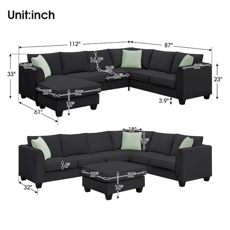 112*87 Sectional Sofa Couches Living Room Sets 7 Seats Modular Sectional Sofa with 3 Pillows, Black