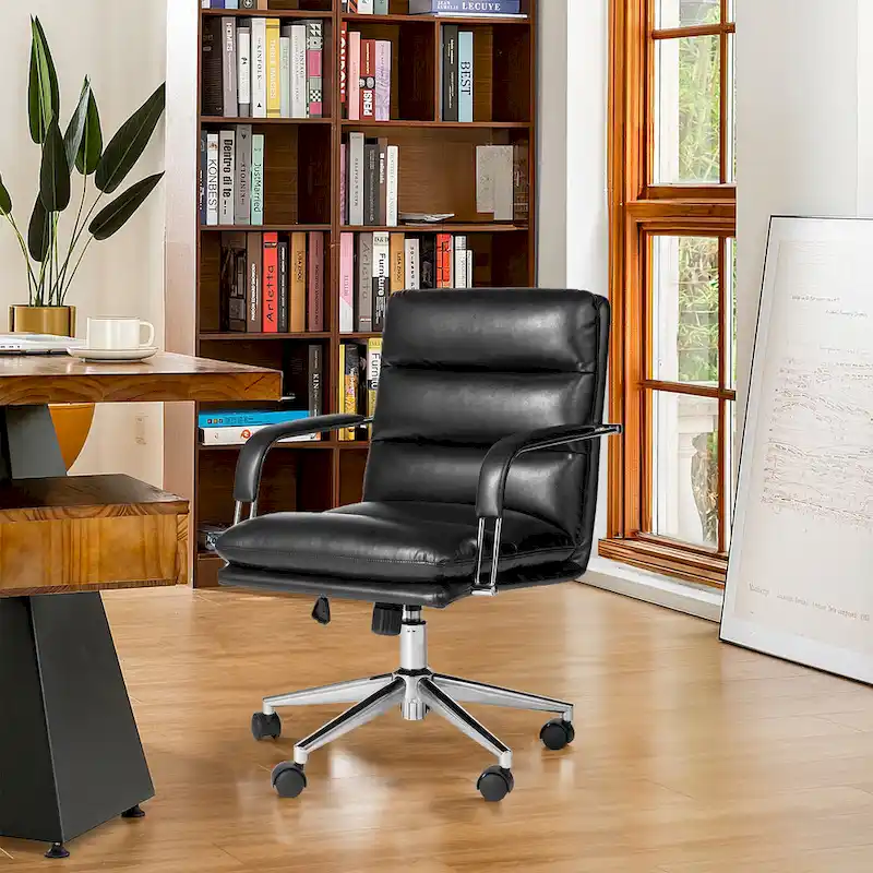 PU Leather Swivel Office Chair with Bamboo Armrests – Cocoa / Brown / Black, Mid-Back, Single User