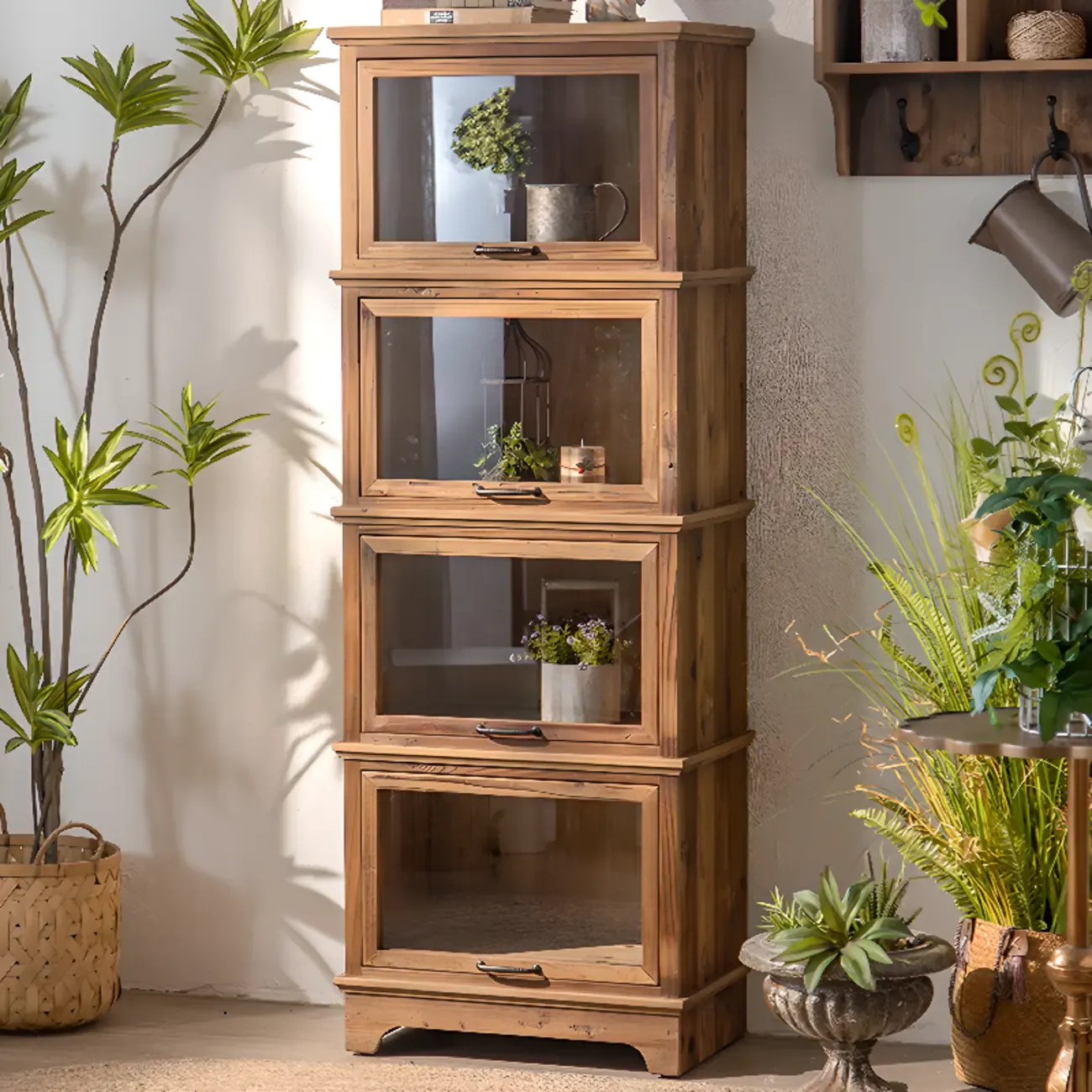 Traditional Multi-Shelves Brown Wooden Flip-Up China Cabinet