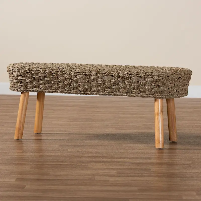 Denver Modern Bohemian Natural Seagrass and Acacia Wood Accent Bench