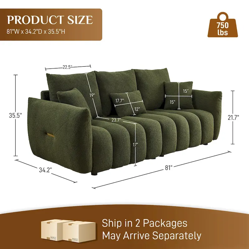 Ouyessir Overstuffed Upholstered Deep Seat Soft Fabric Sofa with 3 Pillows