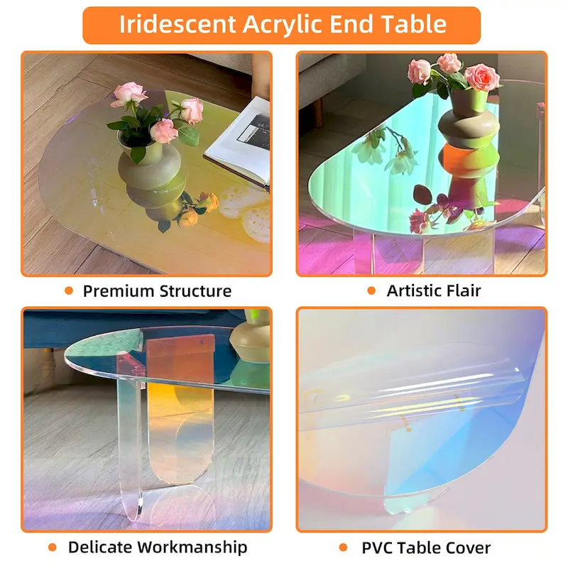 Iridescent Clear Acrylic Oval Side Table with 4 Geometric Legs – Modern
