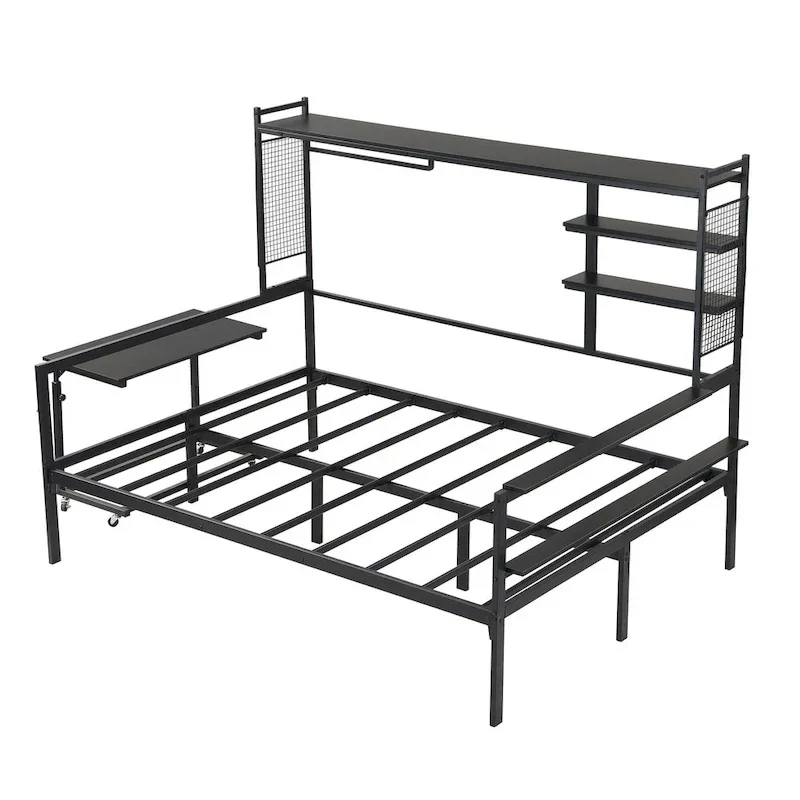 Versatile Daybed with Movable Desk, Metal Sofa Bed Frame with Metal Grid, Shelves and Clothes Hanger, No Box Spring Needed