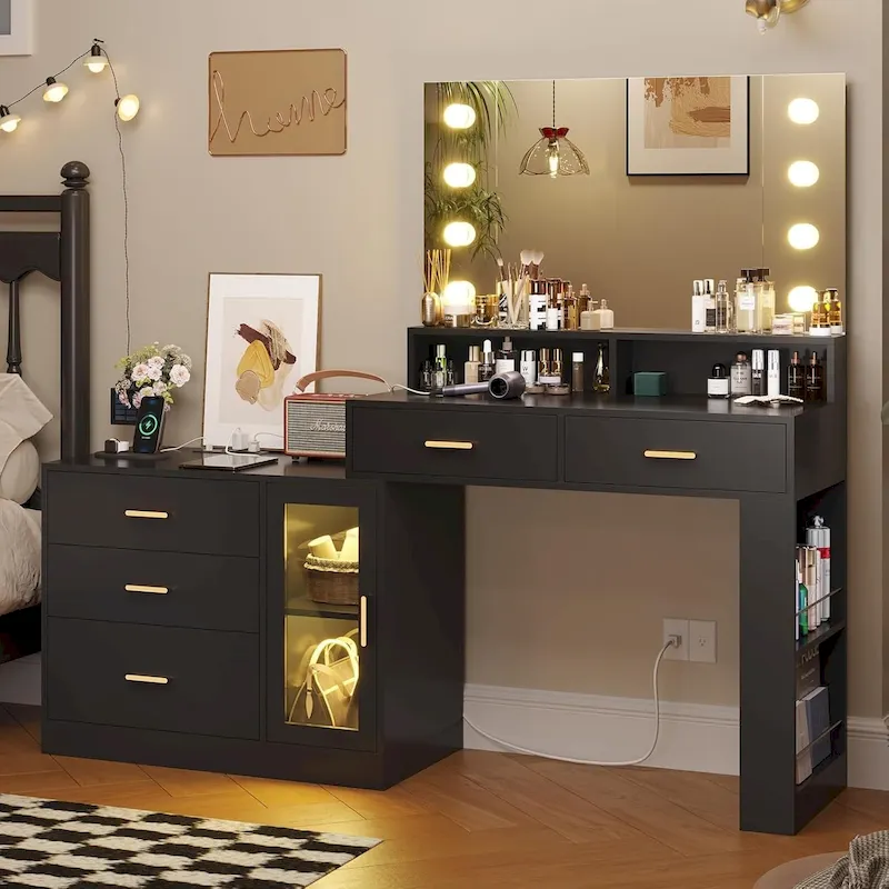 Makeup Vanity Table Mirror Lights LED Dresser 5 Drawers Cabinet