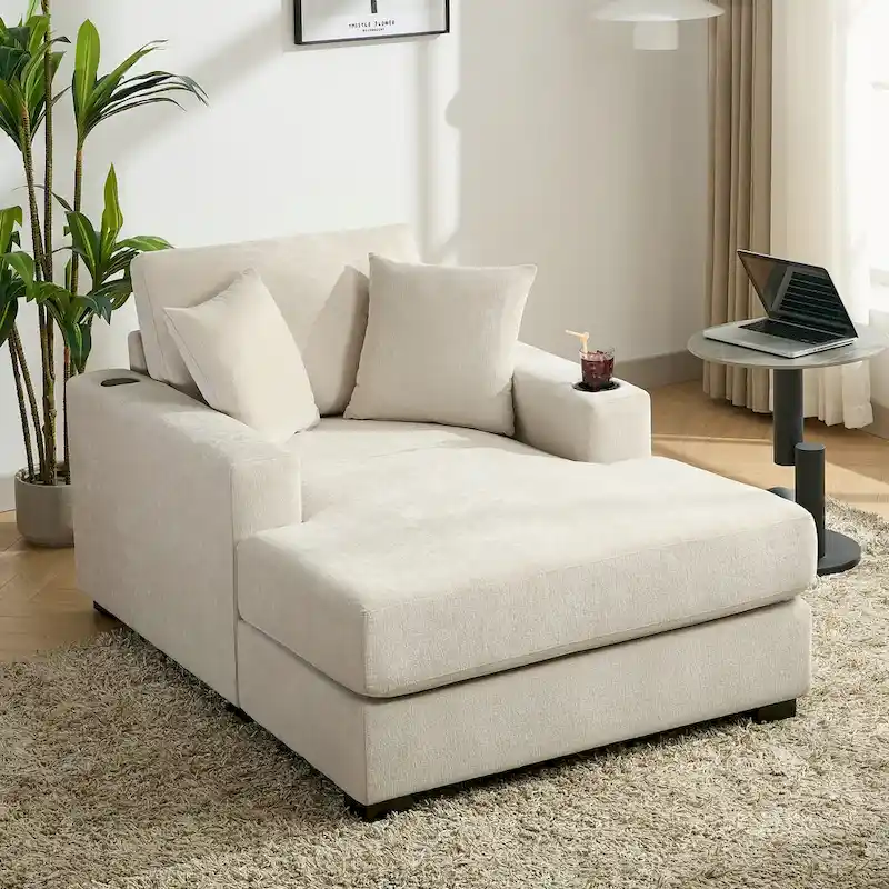 43.5  Chenille Fabric Chaise Lounger Sofa Couch with Pillows, Charge Station & Cup Holders