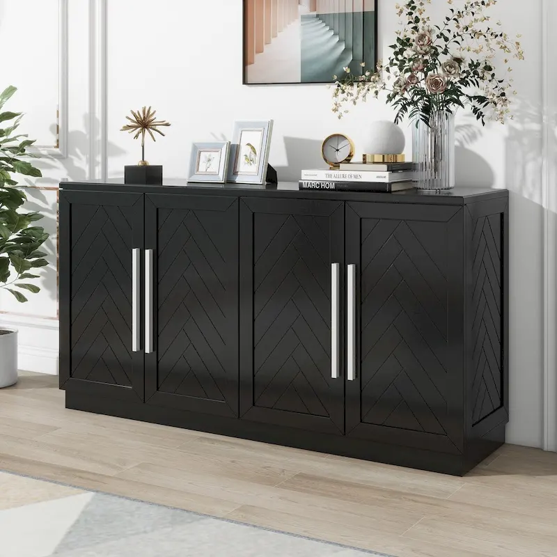 4-Door Buffet Cabinet – Black / Antique Blue / White, 4-Shelf Storage, Single-User Assembly