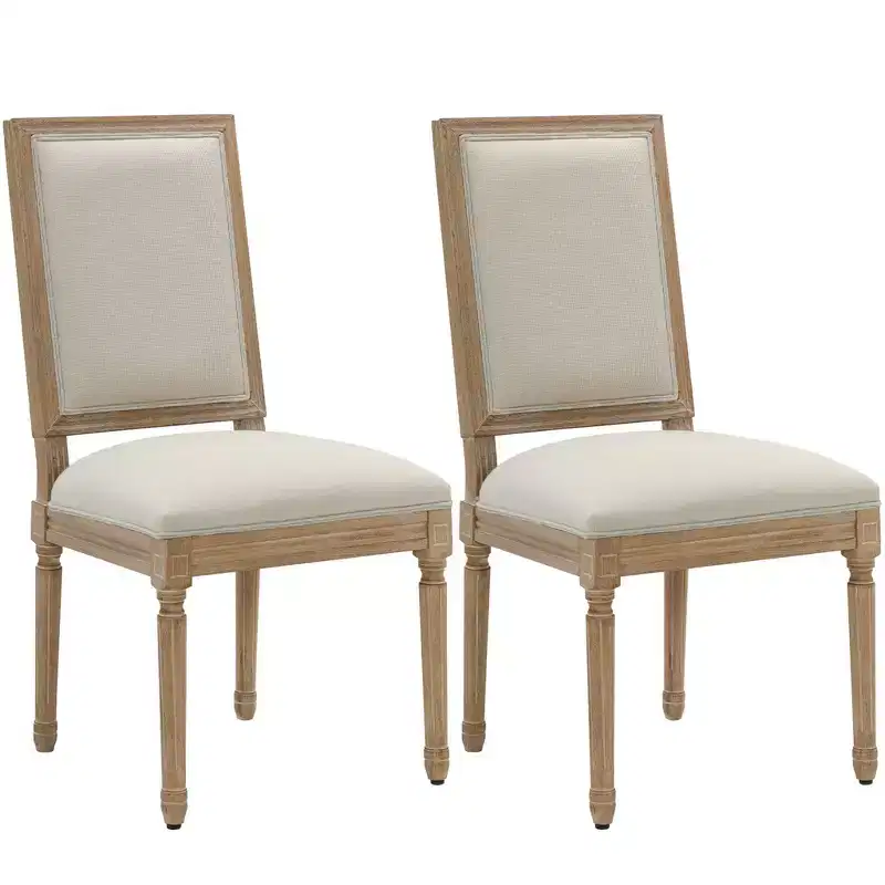 Furniliving French Country Dining Chairs Set of 2, Linen Upholstered with Solid Back Chairs for Kitchen, Restaurant, Farmhouse