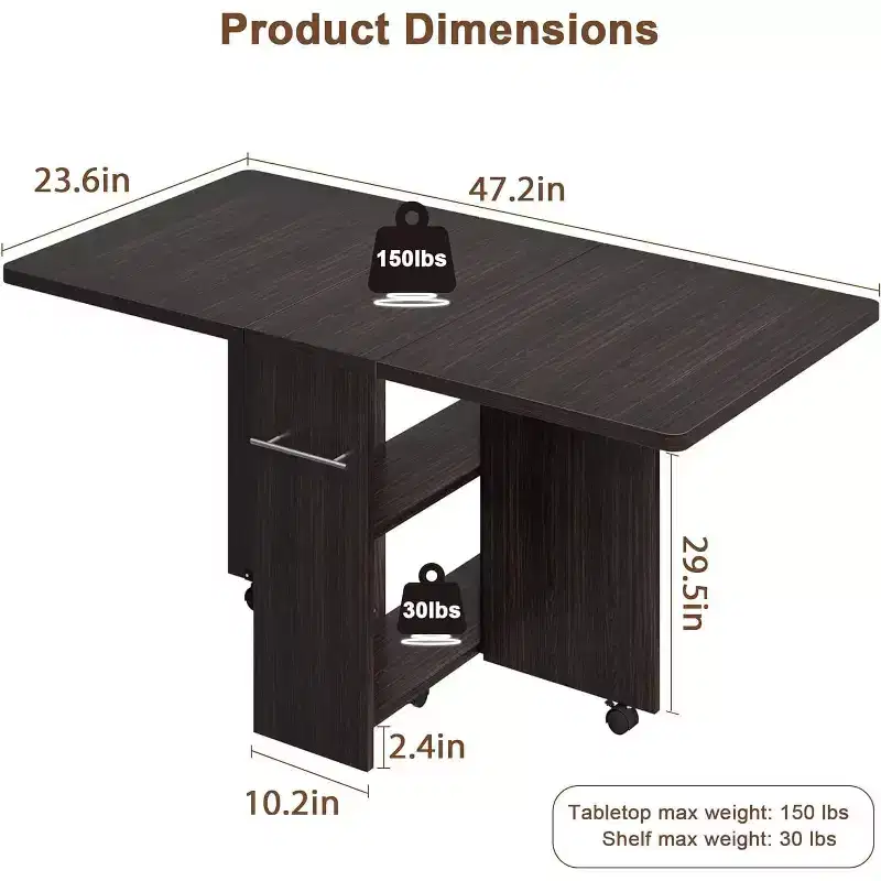 Folding Dining Table, Space Saving Farmhouse Dining Table for 4 Storage Shelf, 6 Wheels Multipose Expandable Kitchen Drop Leaf Table for Small Space
