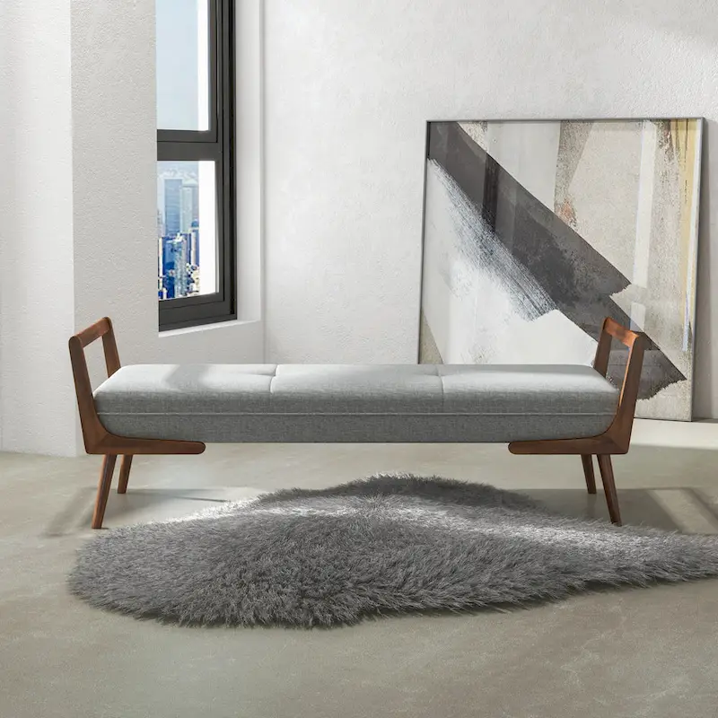 Grey Fabric Upholstered Bench, Walnut Legs, Seats 2