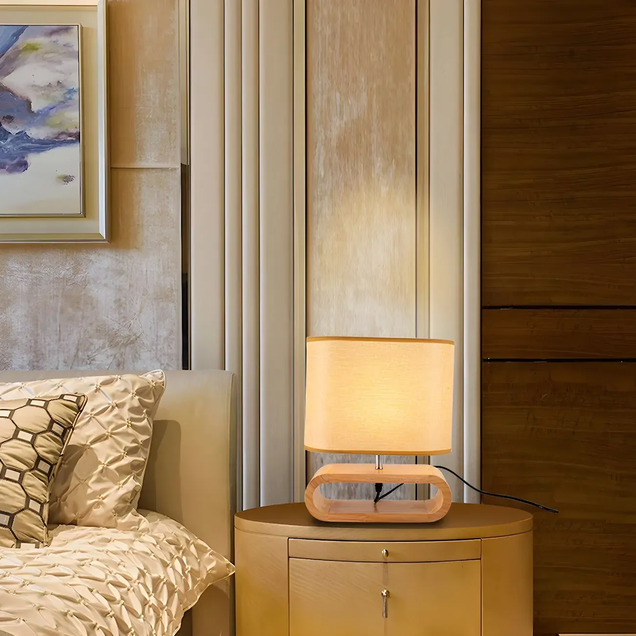 Bedside Wood LED Plug In Table Lamp in Fabric Shade