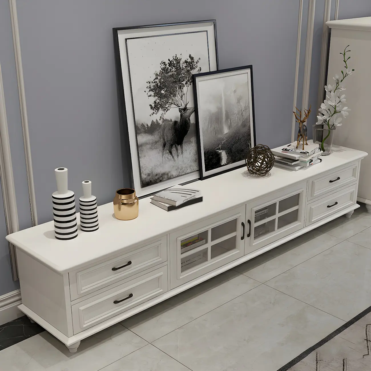 63 Adjustable White Wood TV Stand with Cable Management