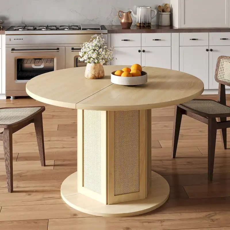 Moasis Farmhouse Round Pedestal Dining Table for 4 with Rattan Circular Base
