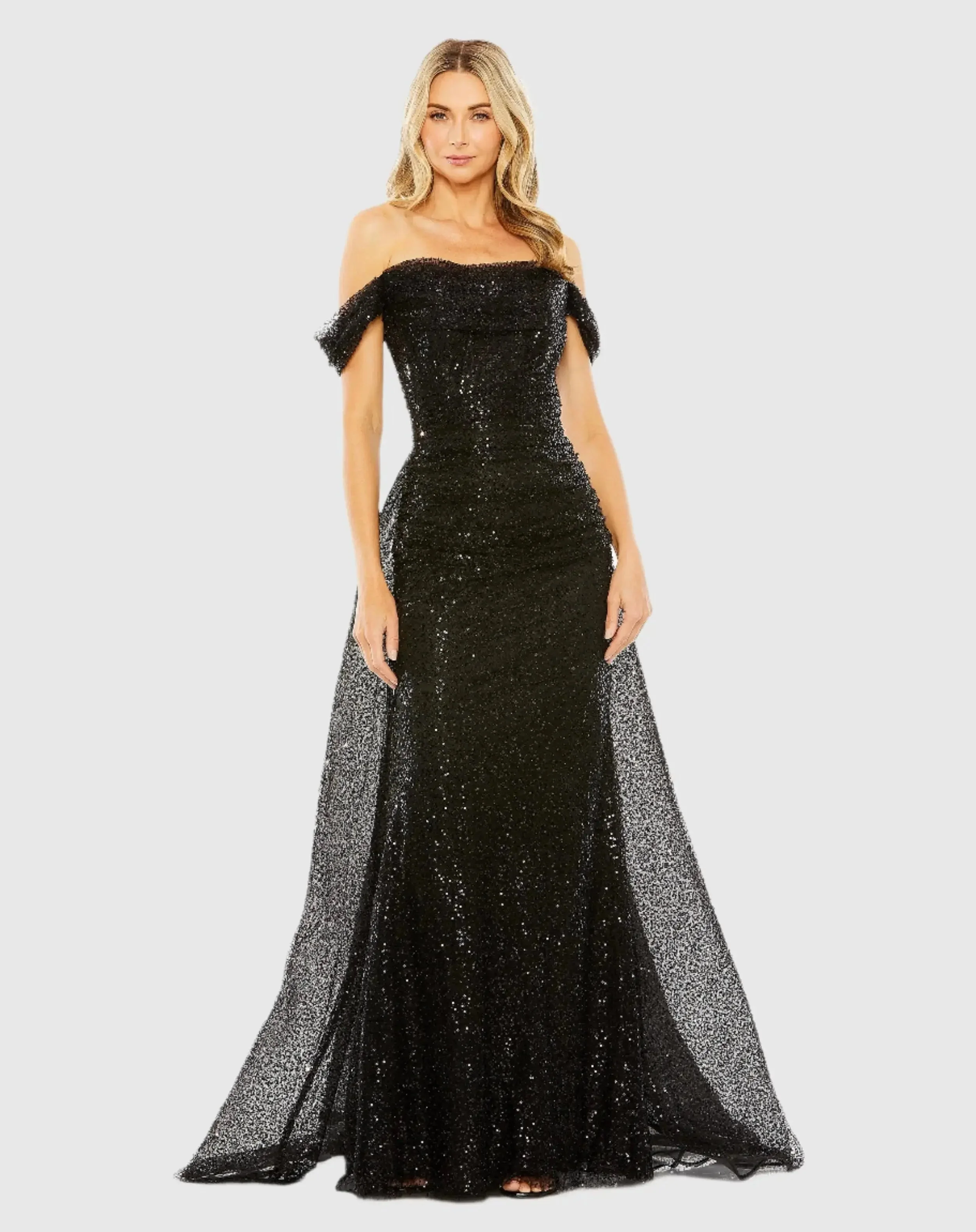 Black Off the Shoulder Sequin Panel Train Gown