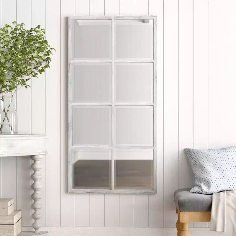Howard Elliott 48"x24" Hand Applied Distressed White Metal Windowpane Framed Wall Mirror: Beveled Glass, Ready to Hang