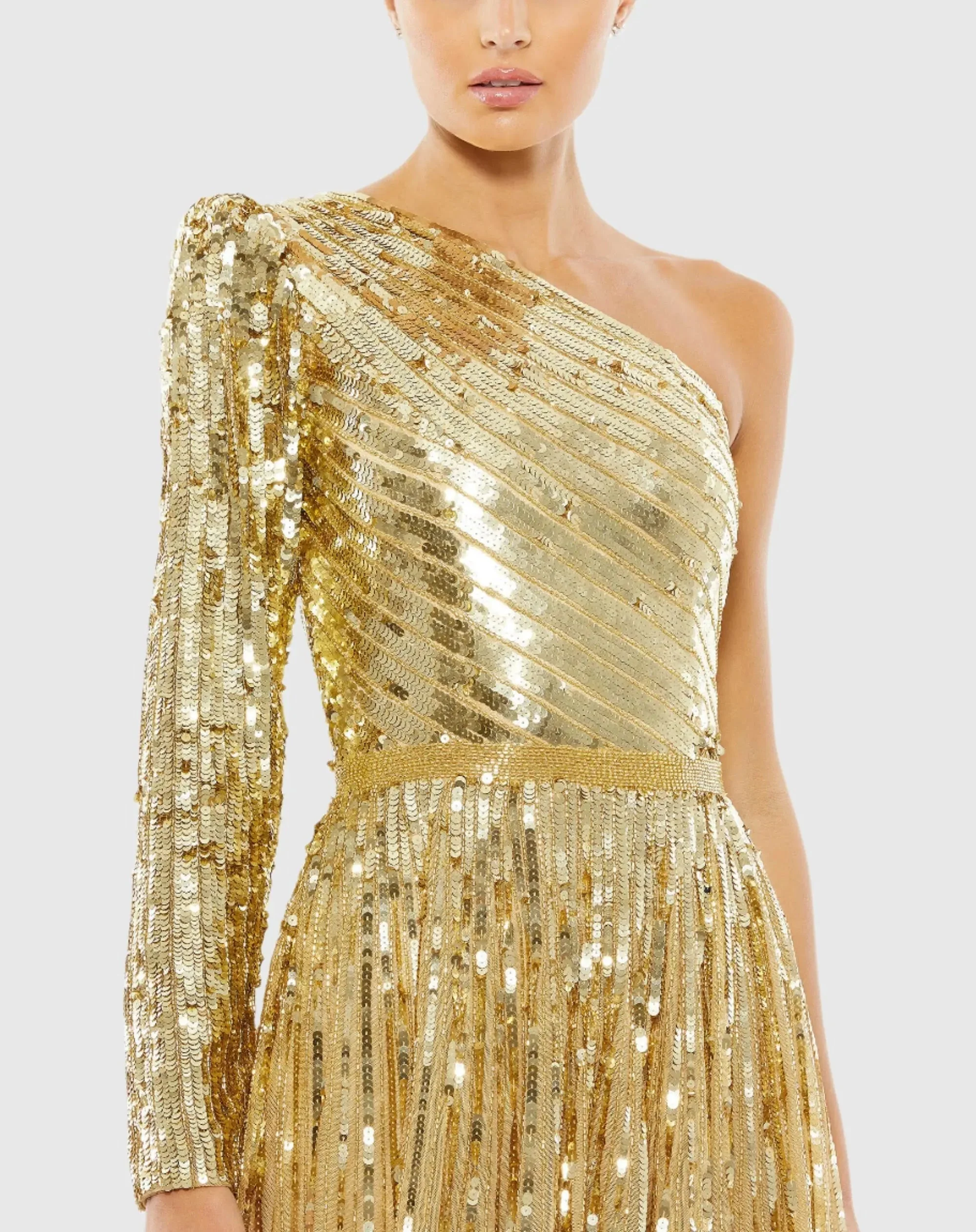Gold Sequined One Shoulder A Line Gown