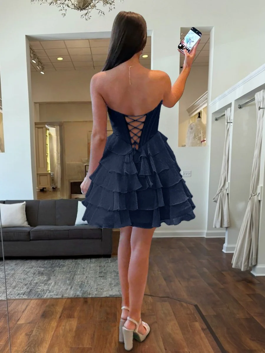 Navy Blue - A Line Sweetheart Chiffon Ruffles Corset Homecoming Dresses