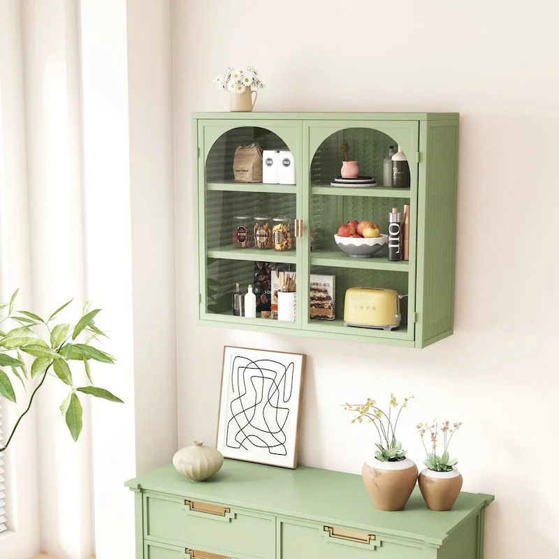 Green/White/Black 2-Door Glass Cabinet with Woven Pattern, 3-Tier Storage