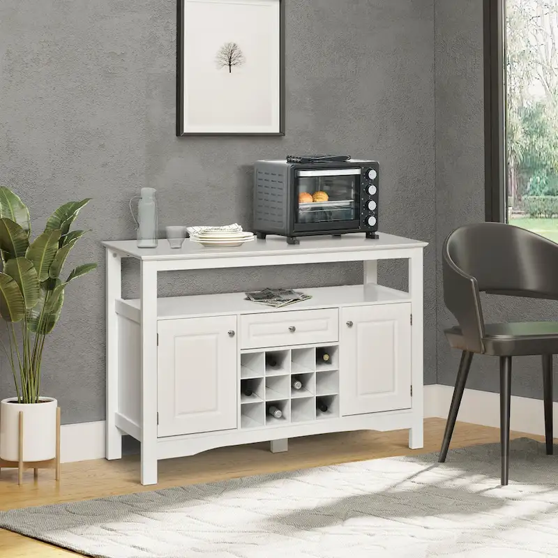 Espresso / White Modern Kitchen Buffet Bar Cabinet with Drawer, 2 Cabinets & 12-Bottle Wine Rack – Single Unit