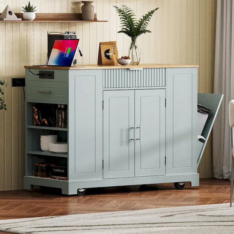 Black / Grey+Blue / White Fluted Kitchen Island Cart with Trash Cabinet, Power Outlet – Seats 2