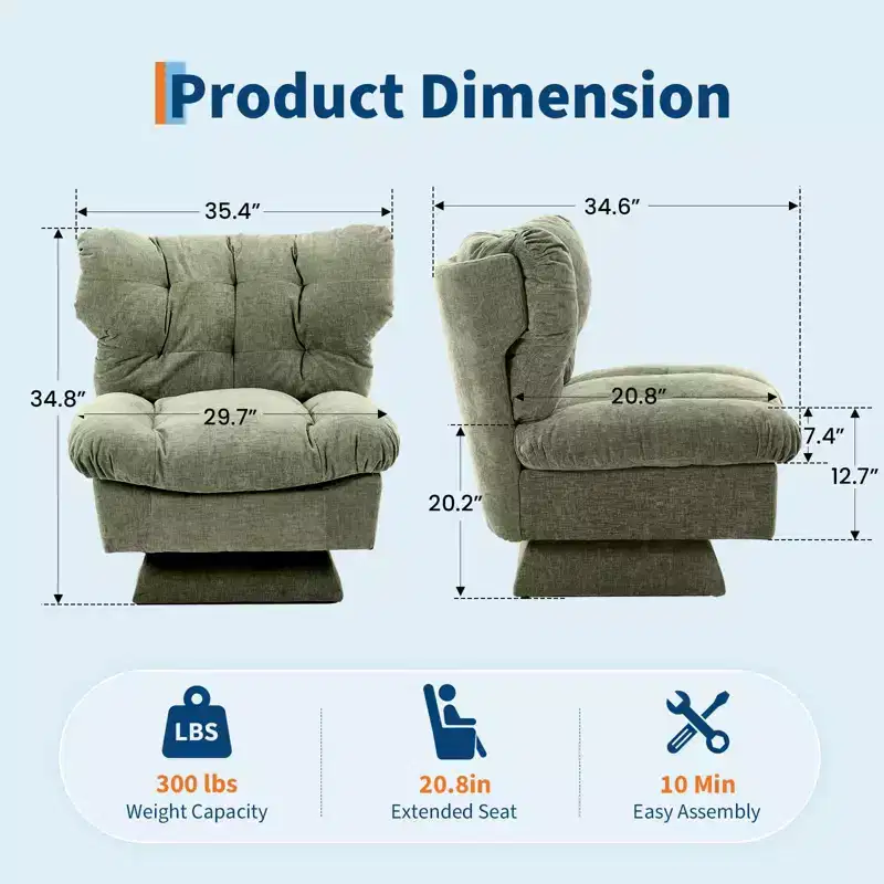 Modern Swivel Armchair with Thick Tufted Cushions - 360 Rotating Chenille Accent Chair, Ergonomic Lounge Reading Chair for Living Room & Bedroom