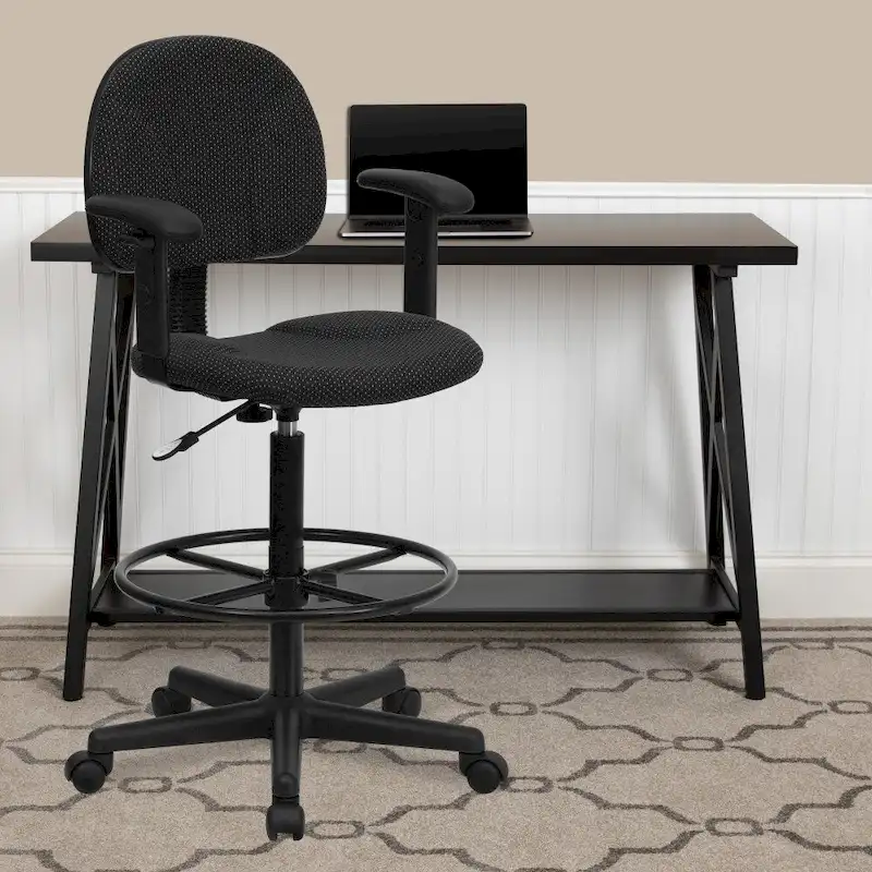 Black / Burgundy / Gray / Navy Blue Fabric Drafting Chair with Adjustable Arms – Single