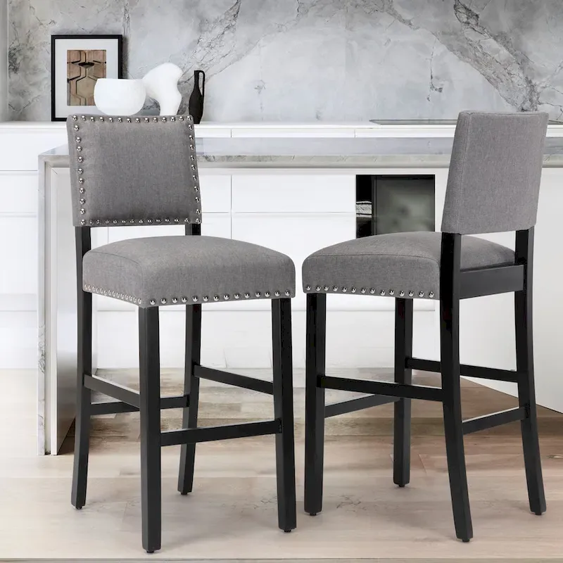 28 Inches Fabric Barstools Upholstered Bar stools Pub Chairs with Back and Silver Nailhead Trim Set of 2