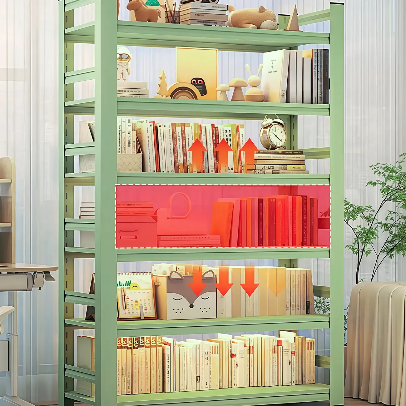Multi-functional Vertical Green Steel 5-Shelf Bookshelf