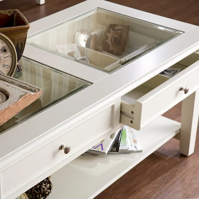Off-White Glass Top Coffee Table with Storage Drawers & Shelf