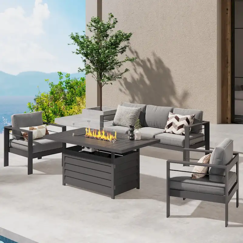 4 Pcs Patio Conversation Set with Propane Firepit