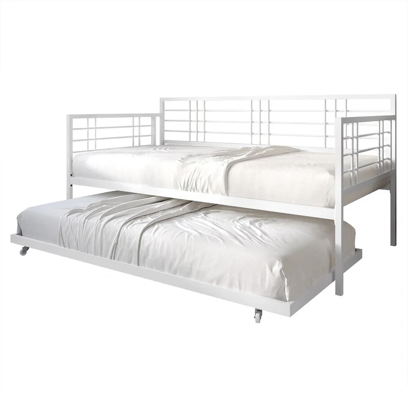 White/Brown/Black Metal Twin Daybed with Roll-Out Trundle, 1-Person